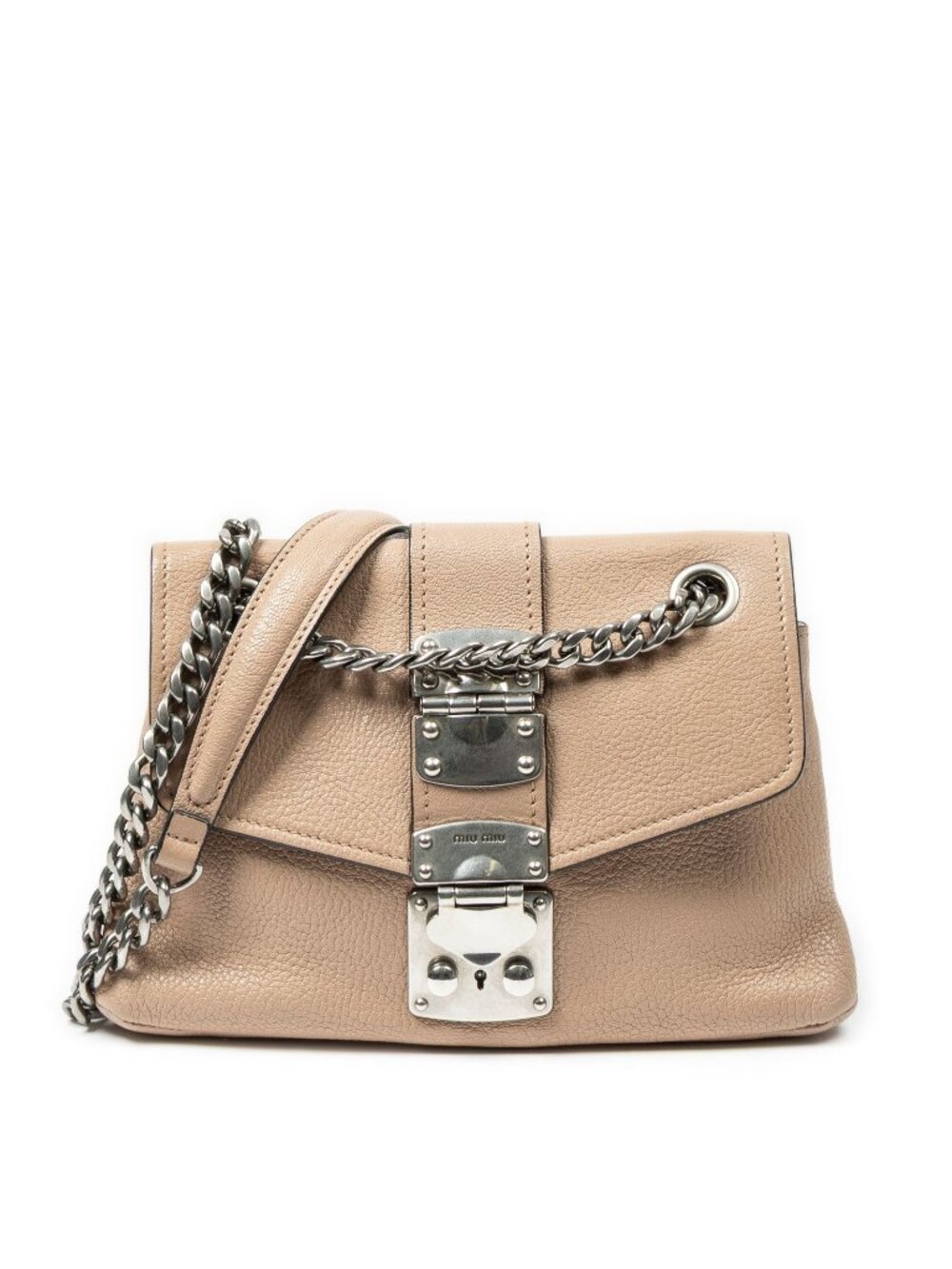 Miu Miu Push Lock Chain Flap Bag Crossbody Beige Madras Leather